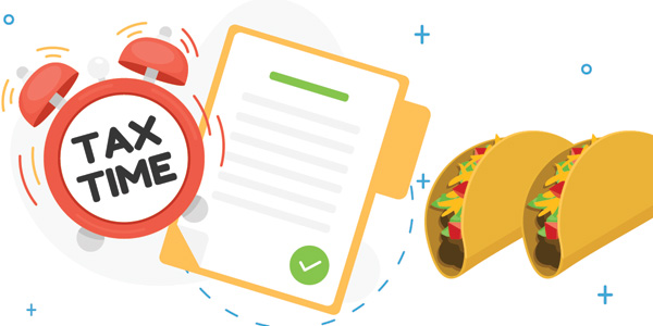 Illustration of a clock that says "Tax Time" and two tacos
